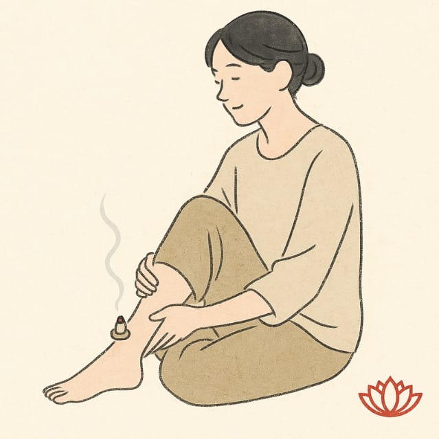 お灸をしてリラックスしている女性　（C)東京の表参道にある源保堂鍼灸院・薬戸金堂 東洋医学・中医学・鍼灸・漢方薬で宇宙を変えたい